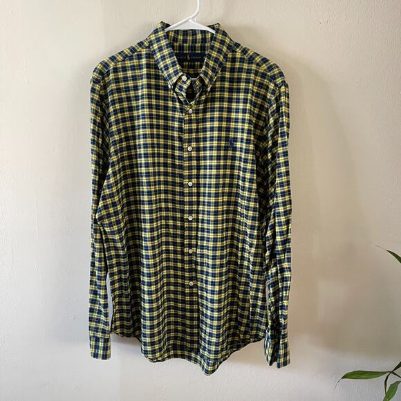 Ralph Lauren Flannel Button Down Shirt Mens XL Navy Blue Yellow Classic Casual - Picture 1 of 14